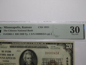 $20 1929 Minneapolis Kansas National Currency Bank Note Bill Ch. #4931 VF30 PMG