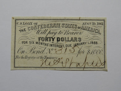 $40 1861 Confederate Bond Coupon Certificate Currency Bank Note Bill UNC