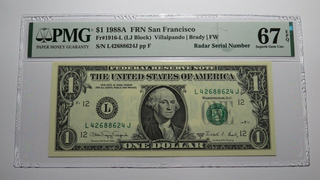 $1 1988 Radar Serial Number Federal Reserve Currency Bank Note Bill PMG UNC67EPQ