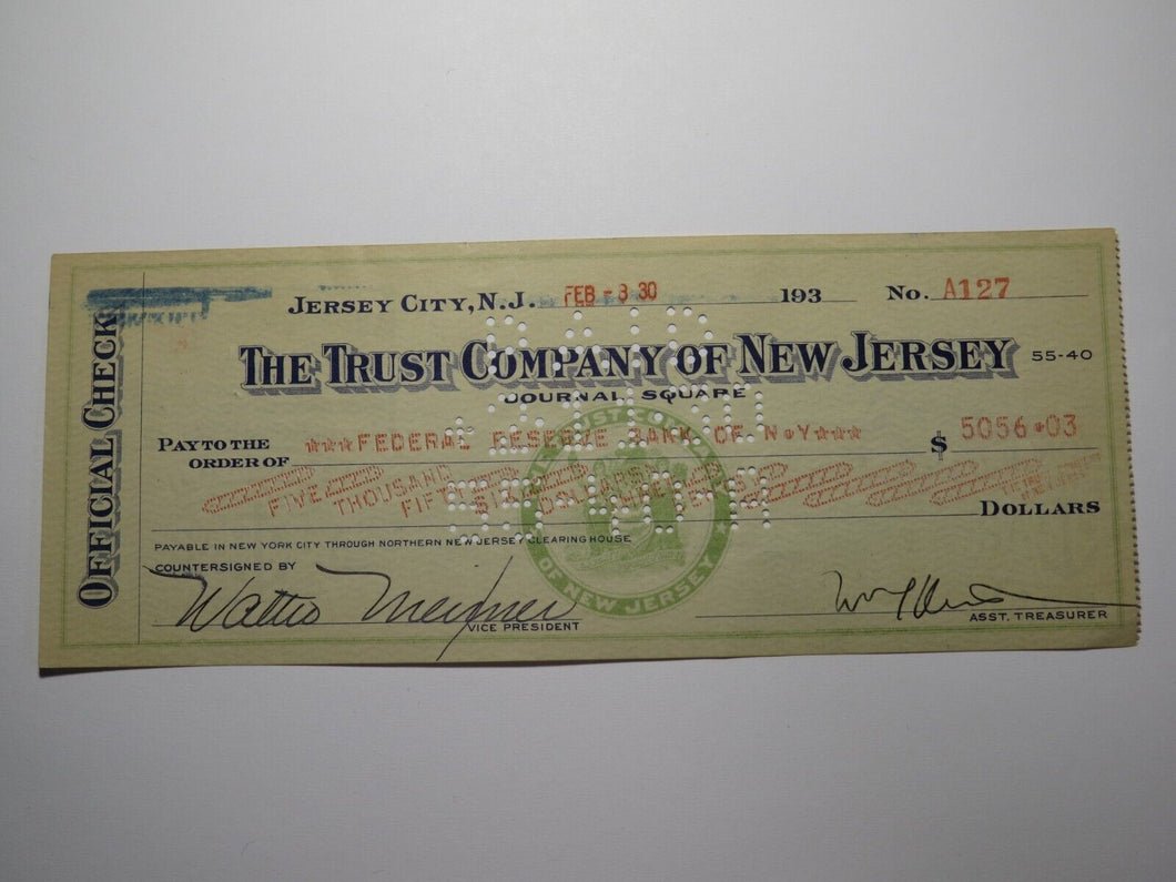 $5056.03 1930 Jersey City New Jersey Cancelled Check! Journal Square Trust Comp.