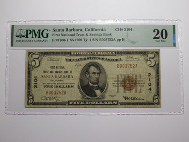 $5 1929 Santa Barbara California National Currency Bank Note Bill #2104 VF20 PMG
