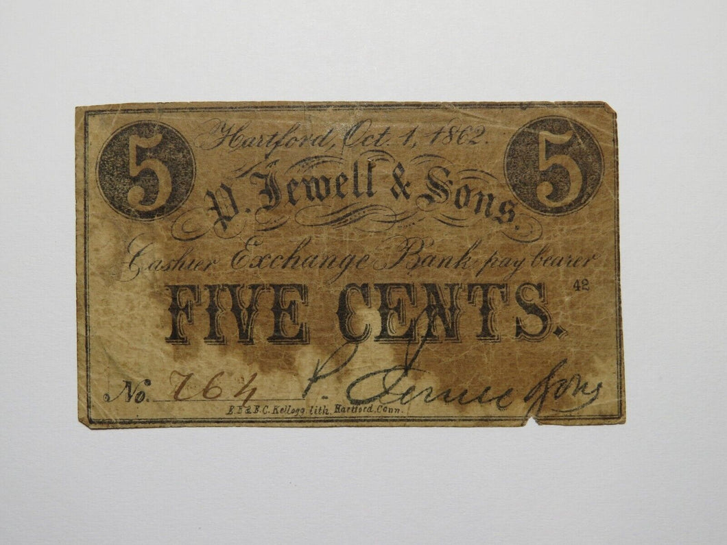 $.05 1862 Hartford Connecticut Obsolete Currency Bank Note Bill P. Jewell & Sons