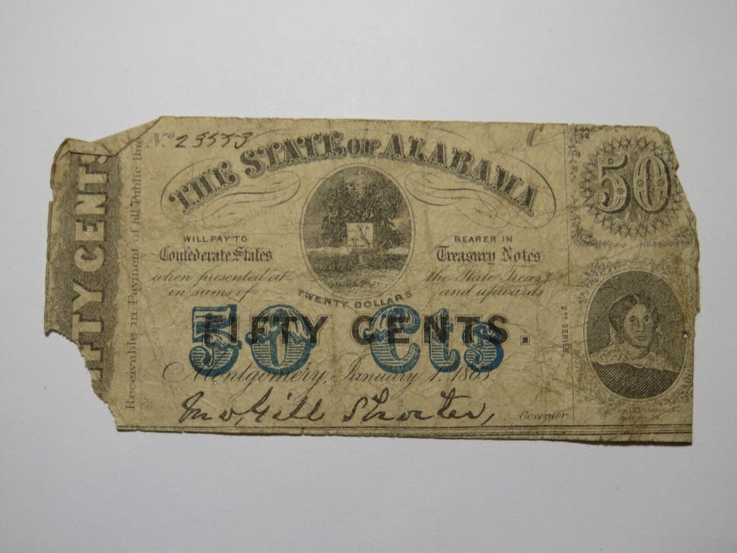 $.50 1863 Montgomery Alabama AL Obsolete Currency Bank Note Bill State of AL