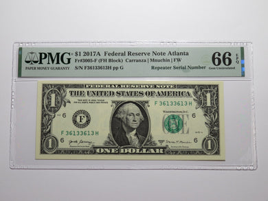 $1 2017 Repeater Serial Number Federal Reserve Currency Bank Note Bill PMG UNC66