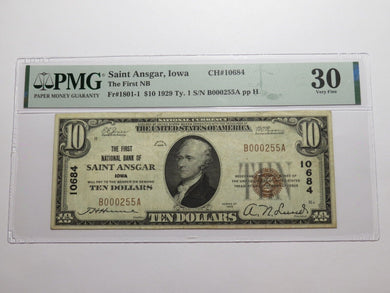 $10 1929 Saint Ansgar Iowa National Currency Bank Note Bill #10684 VF30 PMG St.