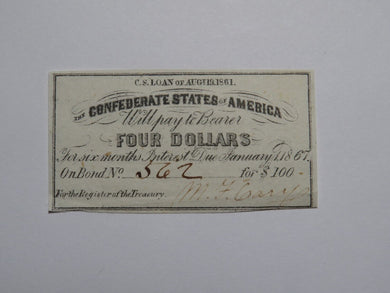 $4 1861 Confederate Bond Coupon Certificate Currency Bank Note Bill UNC