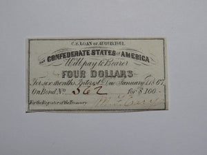 $4 1861 Confederate Bond Coupon Certificate Currency Bank Note Bill UNC