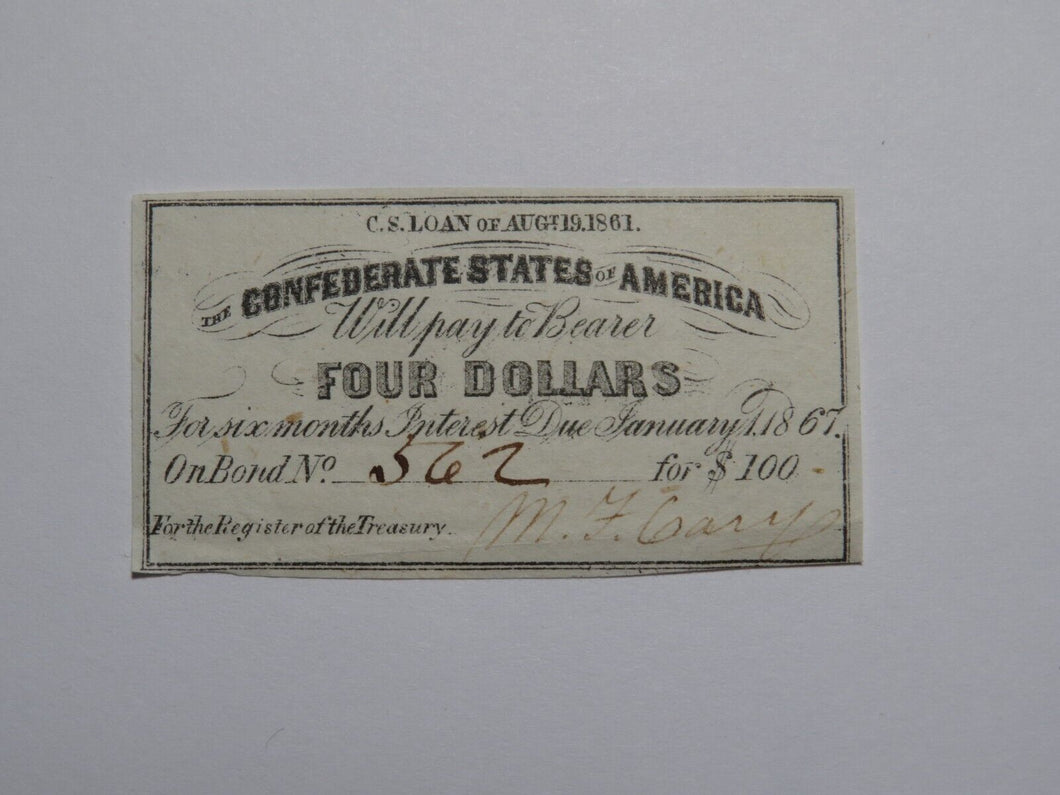 $4 1861 Confederate Bond Coupon Certificate Currency Bank Note Bill UNC