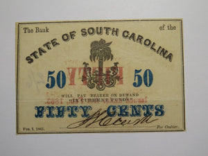 $.50 1863 Charleston South Carolina Obsolete Currency Bank Note State of SC UNC