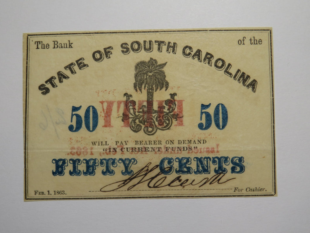 $.50 1863 Charleston South Carolina Obsolete Currency Bank Note State of SC UNC