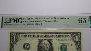 $1 1988 Near Solid Serial Number Federal Reserve Bank Note Bill UNC65 #66666646