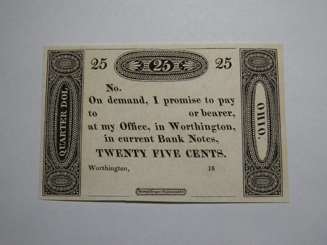 $.25 18__  Worthington Ohio Obsolete Currency Bank Note Remainder Ezra Griswold