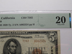 $5 1929 Oakdale California National Currency Bank Note Bill Ch. #7502 VF20 PMG