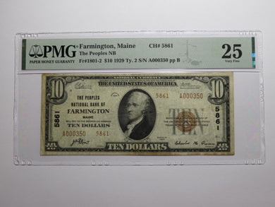 $10 1929 Farmington Maine ME National Currency Bank Note Bill Ch. #5861 VF25 PMG