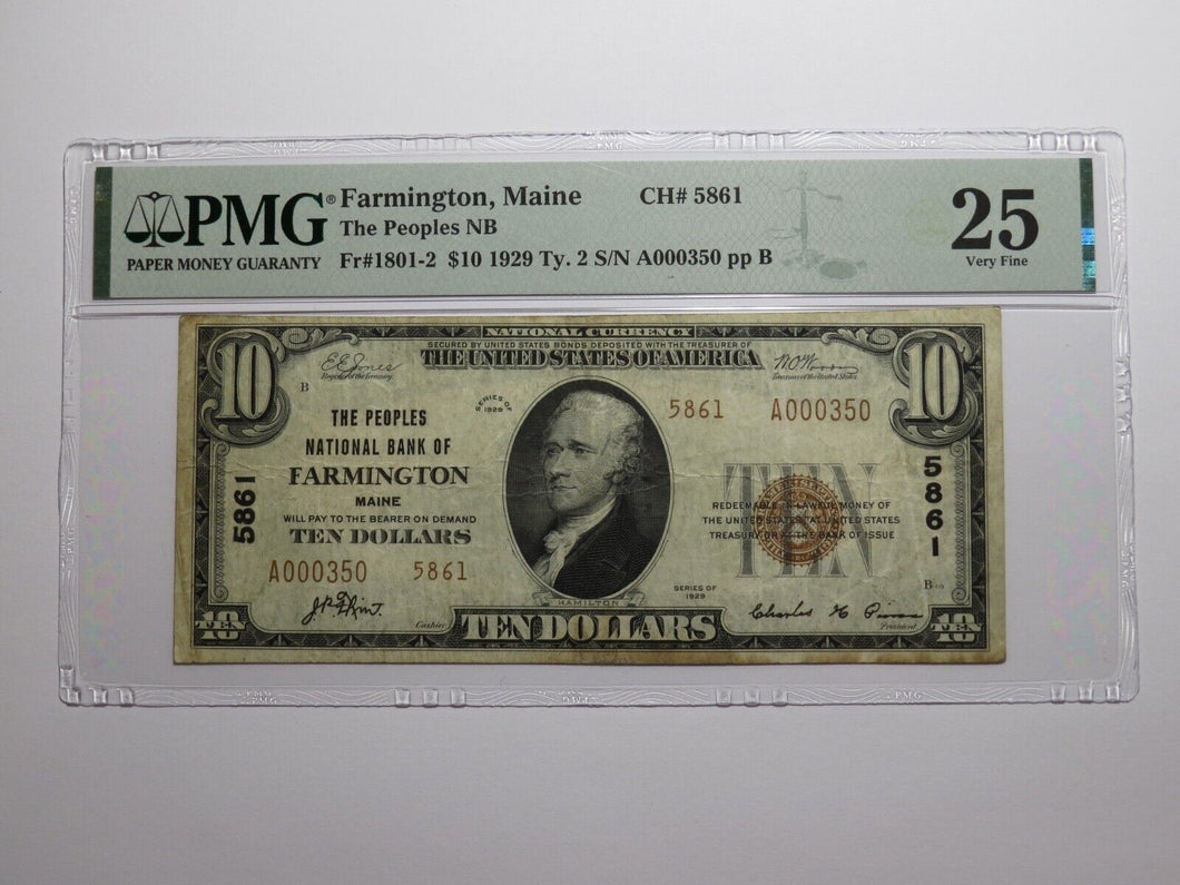 $10 1929 Farmington Maine ME National Currency Bank Note Bill Ch. #5861 VF25 PMG