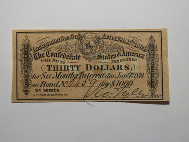 $30 1864 Confederate Bond Coupon Certificate Currency Bank Note Bill UNC