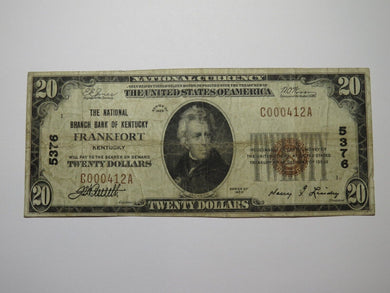 $20 1929 Frankfort Kentucky KY National Currency Bank Note Bill Ch. #5376 FINE