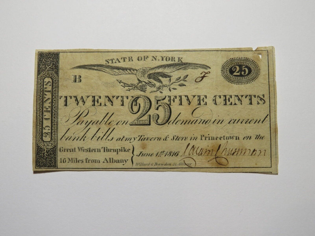 $.25 1816 Princetown New York Obsolete Currency Bank Note Bill Calvin Cheeseman