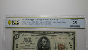 $5 1929 Valley Stream New York National Currency Bank Note Bill #11881 VF25 PCGS
