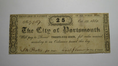 $.25 1862 Portsmouth Virginia VA Obsolete Currency Bank Note Bill! City of Port.