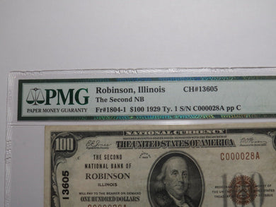 $100 1929 Robinson Illinois National Currency Bank Note Bill Ch. #13605 VF35 PMG