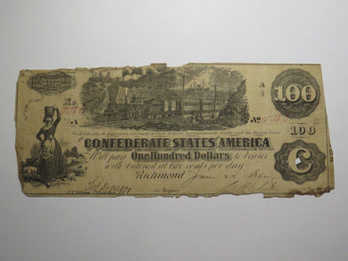$100 1862 Richmond Virginia VA Confederate Currency Bank Note Bill RARE T39