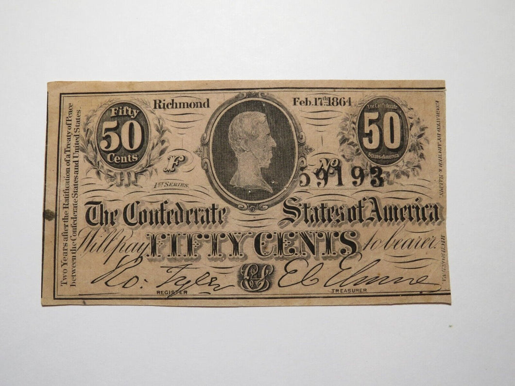 $.50 1864 Richmond Virginia VA Confederate Currency Bank Note Bill RARE T72