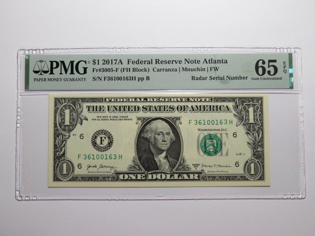 $1 2017 Radar Serial Number Federal Reserve Currency Bank Note Bill PMG UNC65EPQ