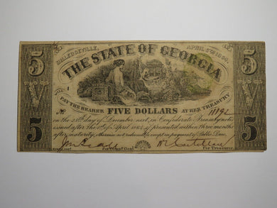$5 1864 Milledgeville Georgia Obsolete Currency Bank Note Bill! State of GA VF+