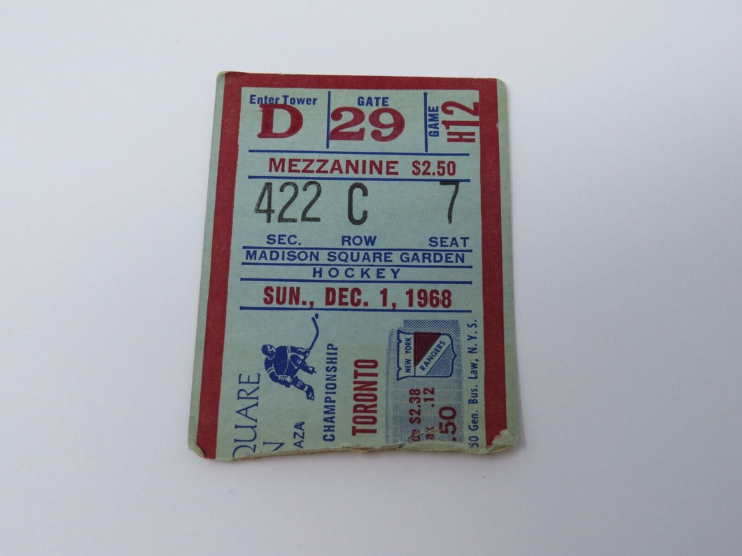 December 1, 1968 New York Rangers Vs. Toronto Maple Leafs NHL Hockey Ticket Stub