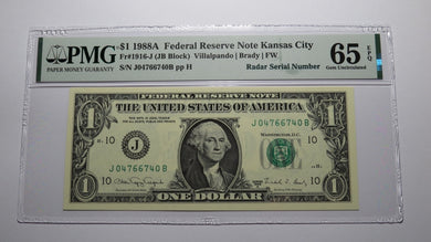$1 1988 Radar Serial Number Federal Reserve Currency Bank Note Bill PMG UNC65EPQ