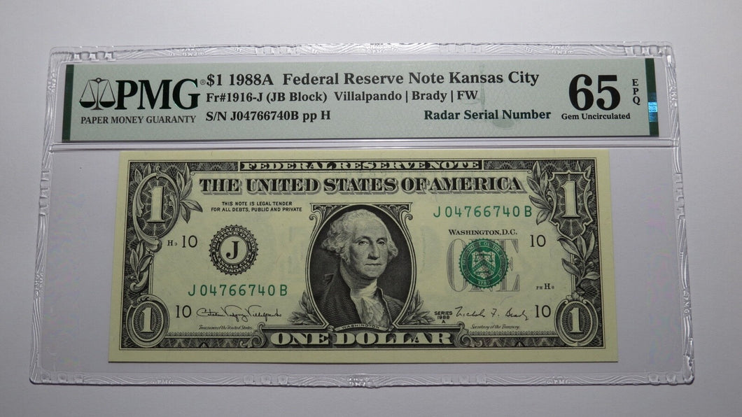 $1 1988 Radar Serial Number Federal Reserve Currency Bank Note Bill PMG UNC65EPQ