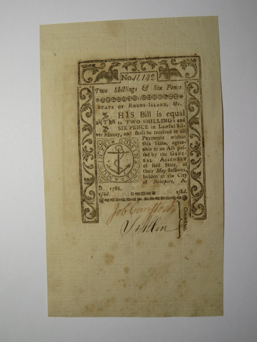1786 Two Shillings Six Pence Rhode Island Colonial Currency Bank Note Bill NEW++