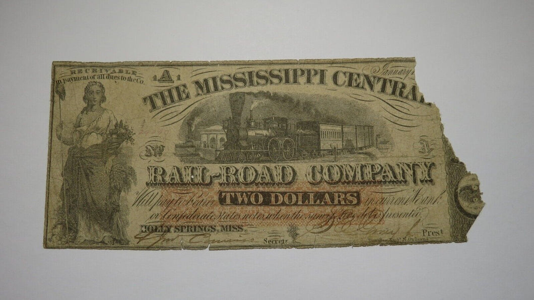 $2 1862 Holly Springs Mississippi Obsolete Currency Bank Note Bill Central RR