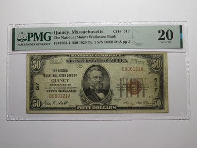 $50 1929 Quincy Massachusetts MA National Currency Bank Note Bill Ch. #517 VF20