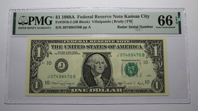 $1 1988 Radar Serial Number Federal Reserve Currency Bank Note Bill PMG UNC66EPQ