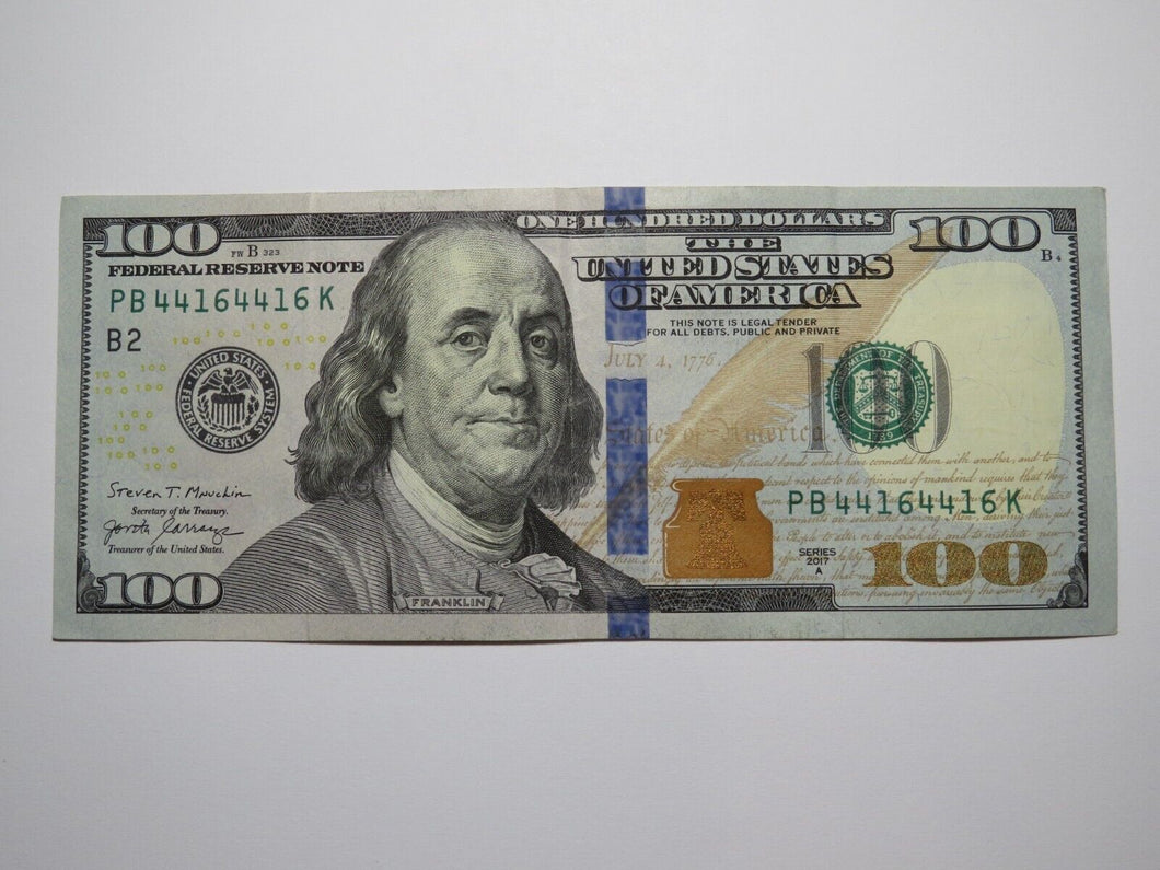 $100 2017 Repeater Serial Number Federal Reserve Currency Bank Note Bill XF RARE