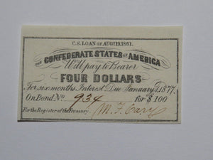 $4 1861 Confederate Bond Coupon Certificate Currency Bank Note Bill UNC