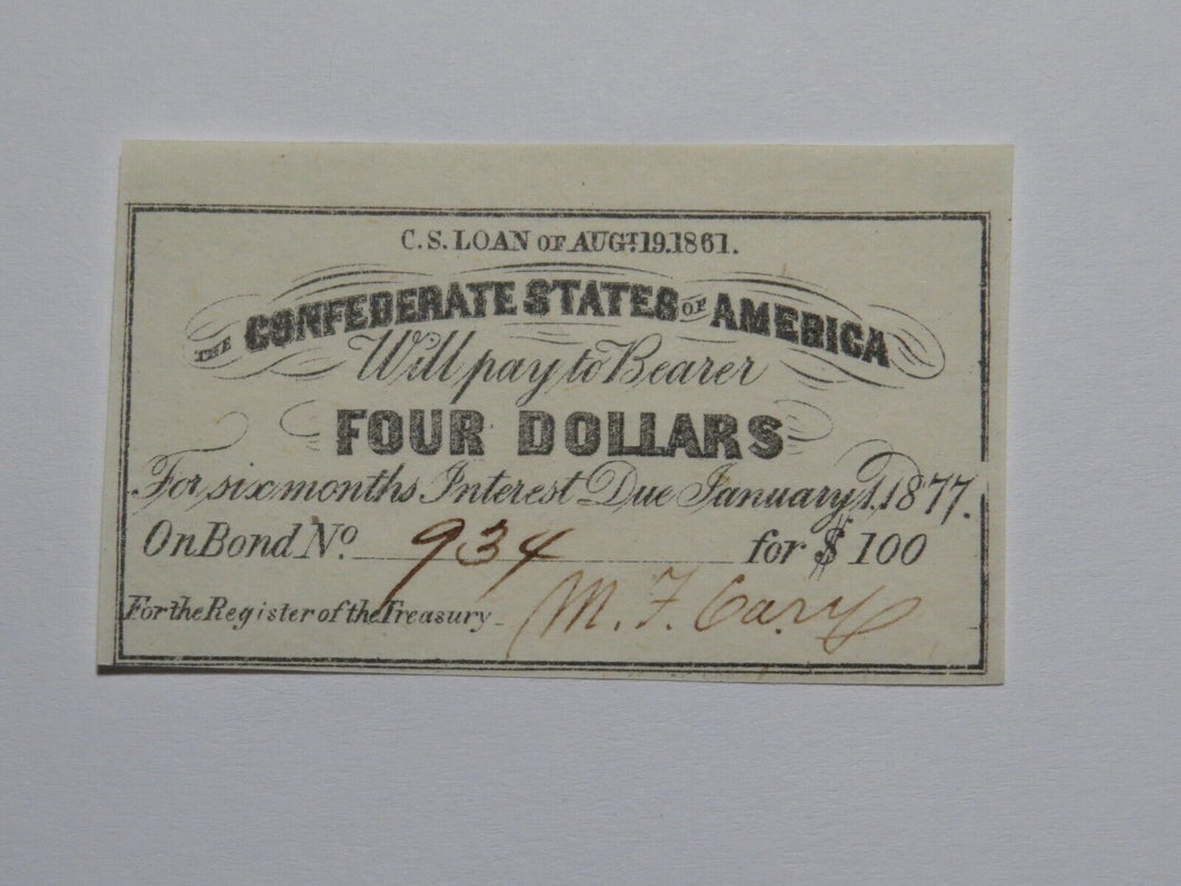 $4 1861 Confederate Bond Coupon Certificate Currency Bank Note Bill UNC