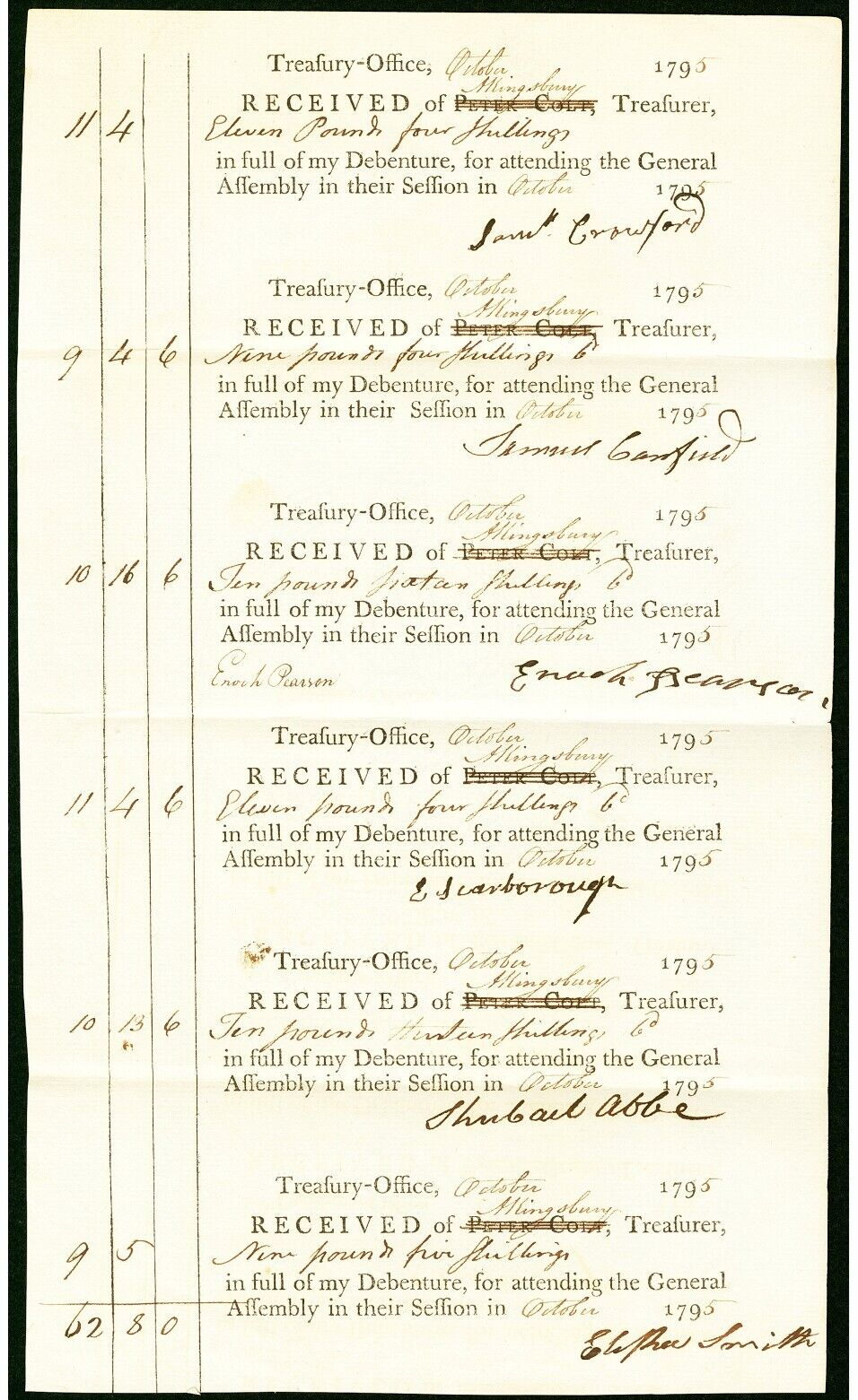 1795 Connecticut Treasury Office Pay Table Uncut Sheet Colonial Currency Note