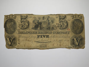 $5 1845 Lambertville New Jersey Obsolete Currency Bank Note Bill Delaware Bridge