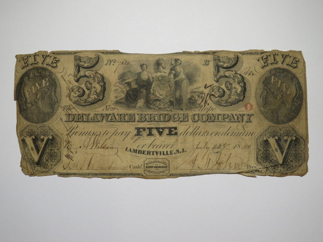 $5 1845 Lambertville New Jersey Obsolete Currency Bank Note Bill Delaware Bridge