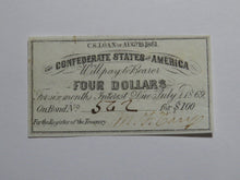 Load image into Gallery viewer, $4 1861 Confederate Bond Coupon Certificate Currency Bank Note Bill UNC