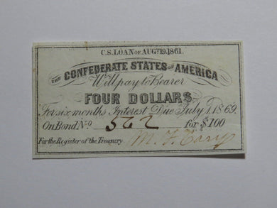 $4 1861 Confederate Bond Coupon Certificate Currency Bank Note Bill UNC