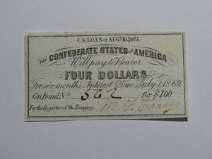 $4 1861 Confederate Bond Coupon Certificate Currency Bank Note Bill UNC