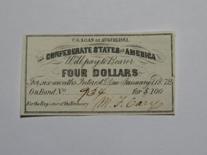 $4 1861 Confederate Bond Coupon Certificate Currency Bank Note Bill UNC