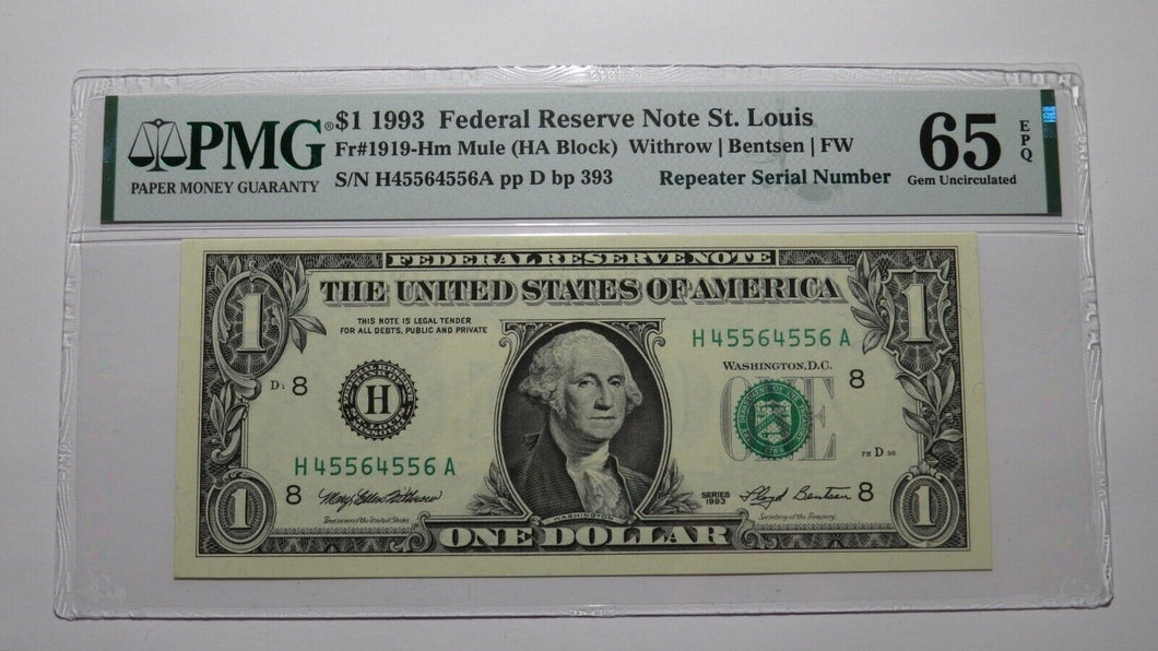 $1 1993 Repeater Serial Number Federal Reserve Currency Bank Note Bill UNC65EPQ