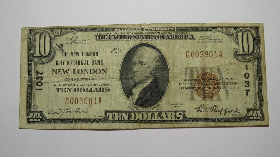 $10 1929 New London Connecticut CT National Currency Bank Note Bill Ch. #1037 VF