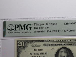 $20 1929 Thayer Kansas KS National Currency Bank Note Bill Ch. #9465 UNC64 PMG