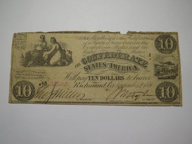 $10 1861 Richmond Virginia VA Confederate Currency Bank Note Bill RARE T28 VG
